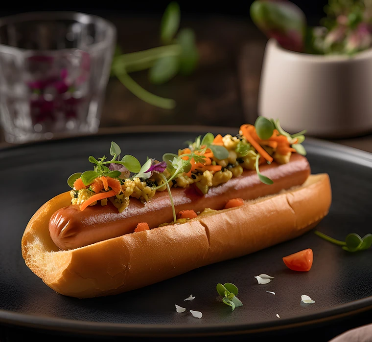 Hotdogbun mit Wurst und anderen Zutaten auf einem dunklen Teller