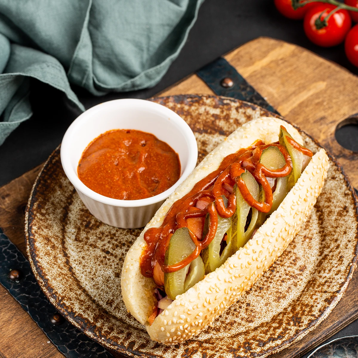 Hotdog auf einem Teller mit roter Soße