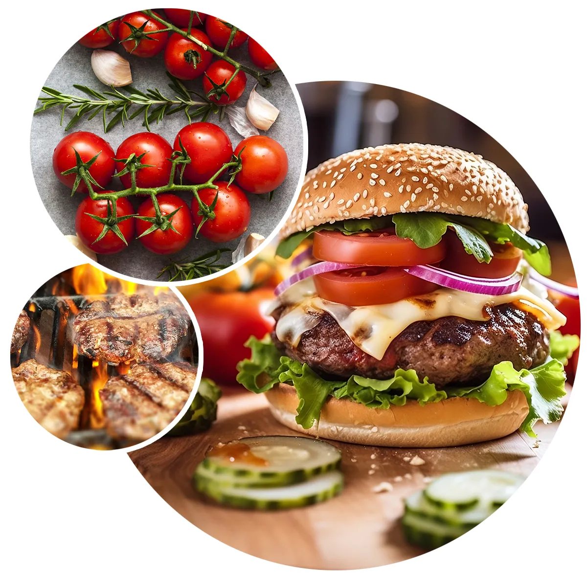 Saftiger Cheeseburger mit zwei weiteren Bildern, die gegrillte Burgerpatties und Tomaten zeigen